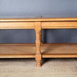 Authentic old coffee table in solid wood and rattan, beveled glass top