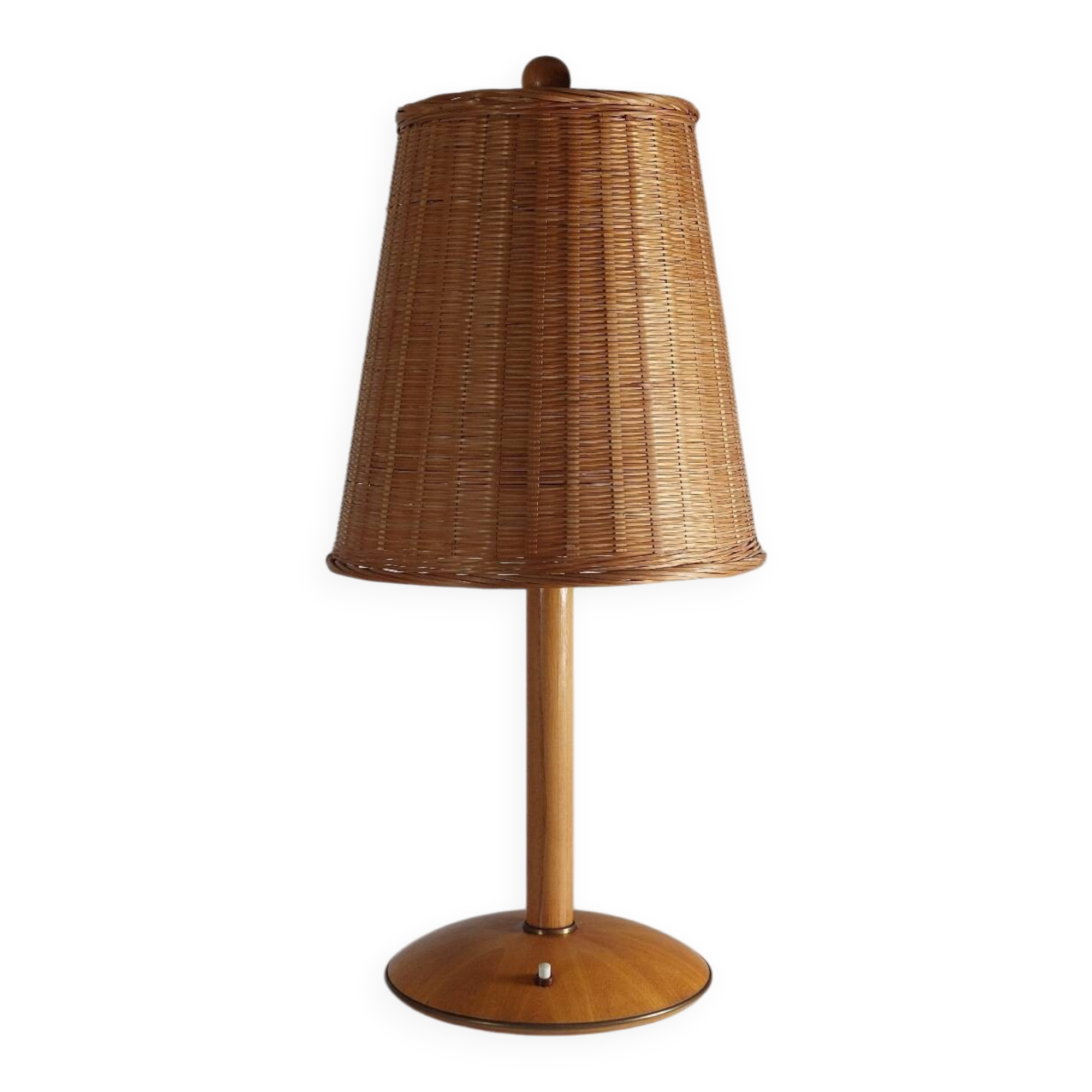 Vintage wooden and brass table lamp by Temde from the 1950s.