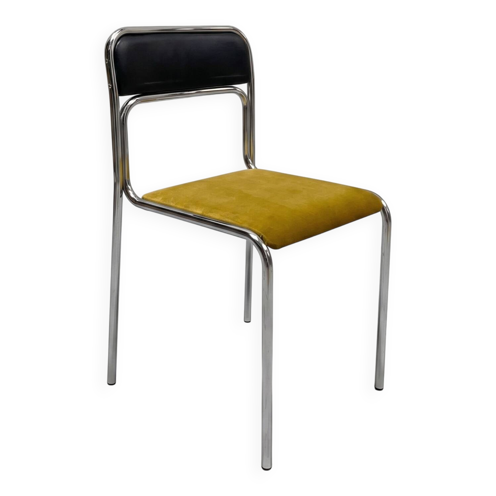 Vintage tubular chair in chrome, skai and yellow velvet, 1970s.