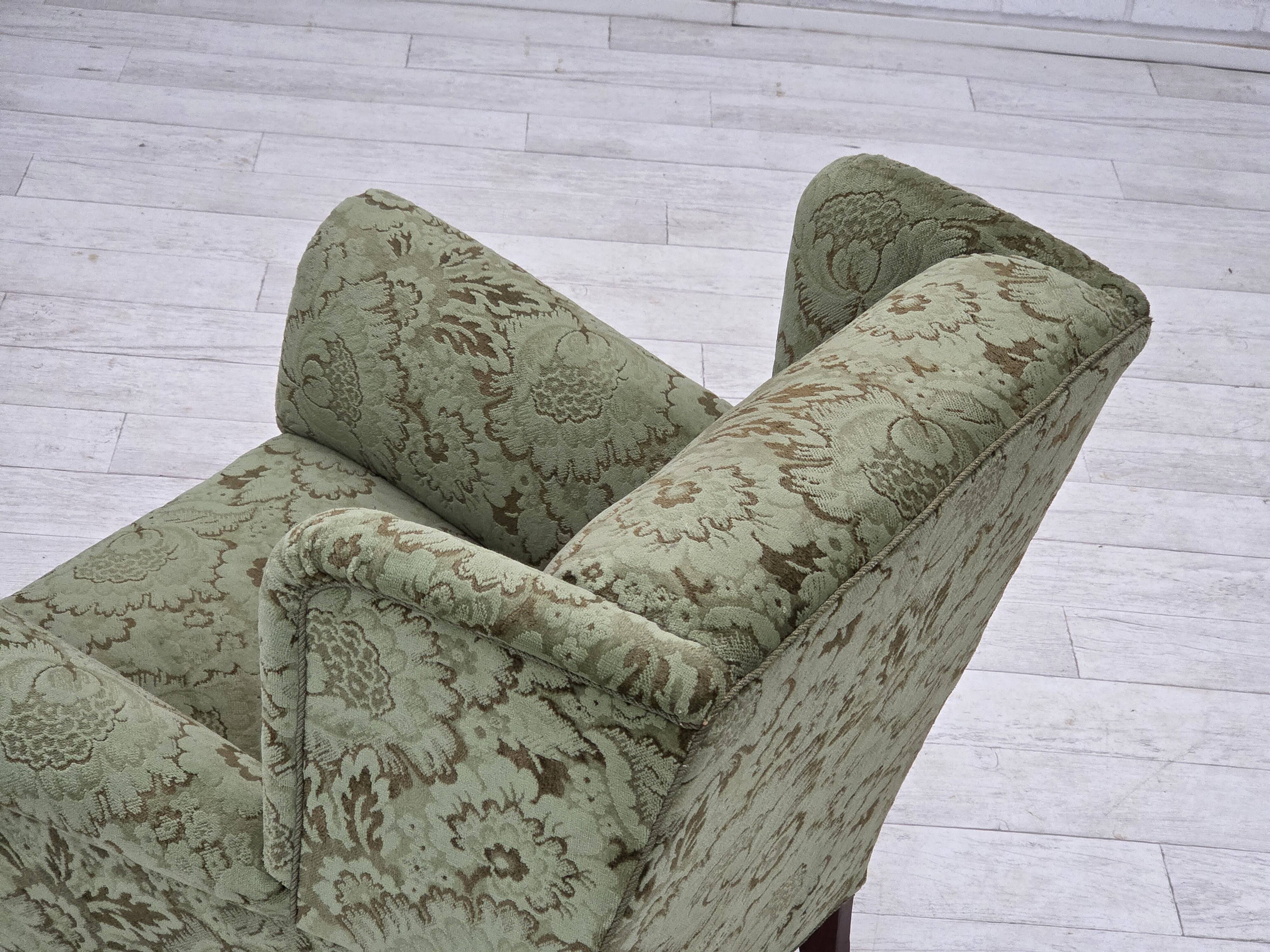 1950s, Danish relax armchair, green furniture velour, carved oak wood.