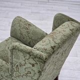 1950s, Danish relax armchair, green furniture velour, carved oak wood.