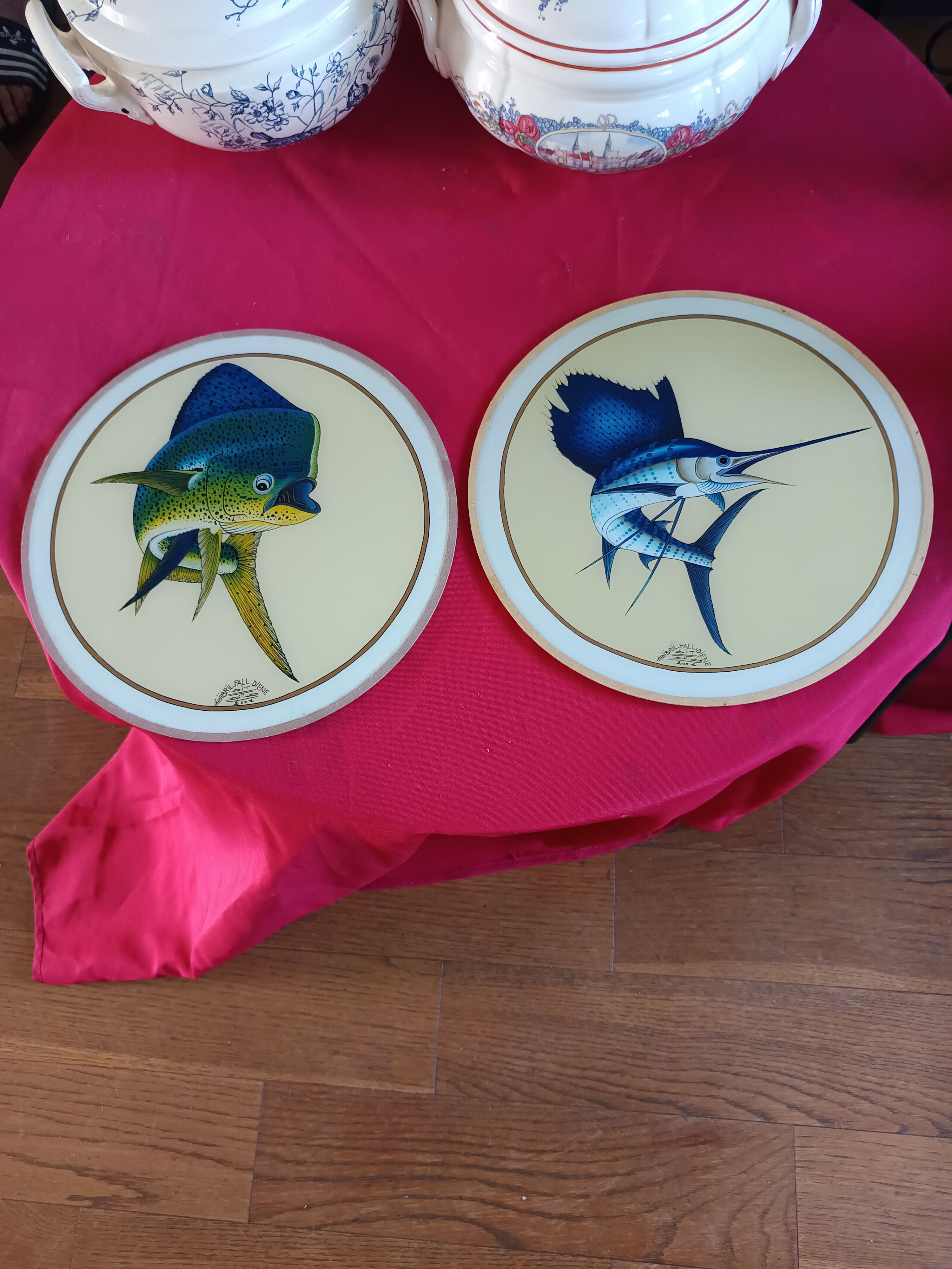 Pair of decorative panels signed by Djibril Fall Diène Exotic Fish