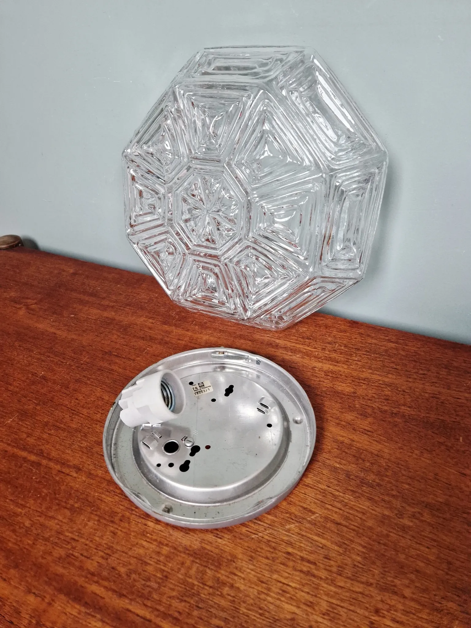 Vintage textured glass ceiling light, geometric patterns, Wila, 1970.