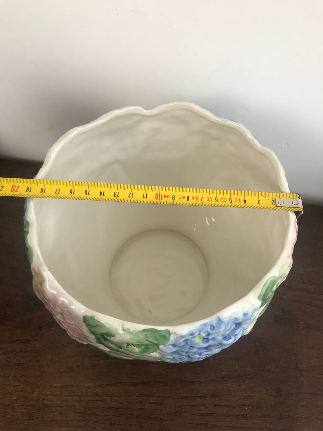 Vintage slip pot with hydrangea pattern