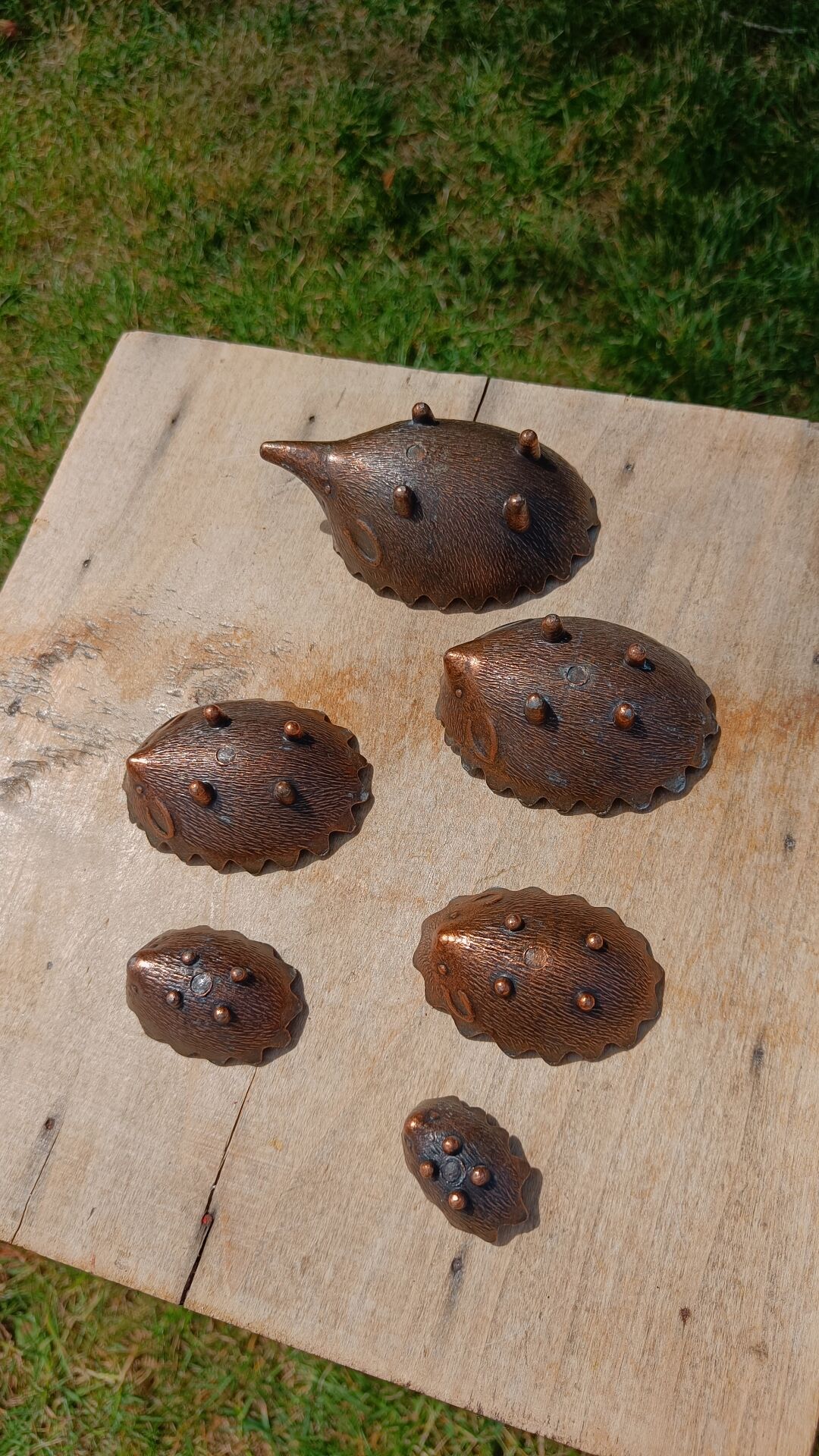 Vintage patinated metal hedgehog ashtrays – Greece