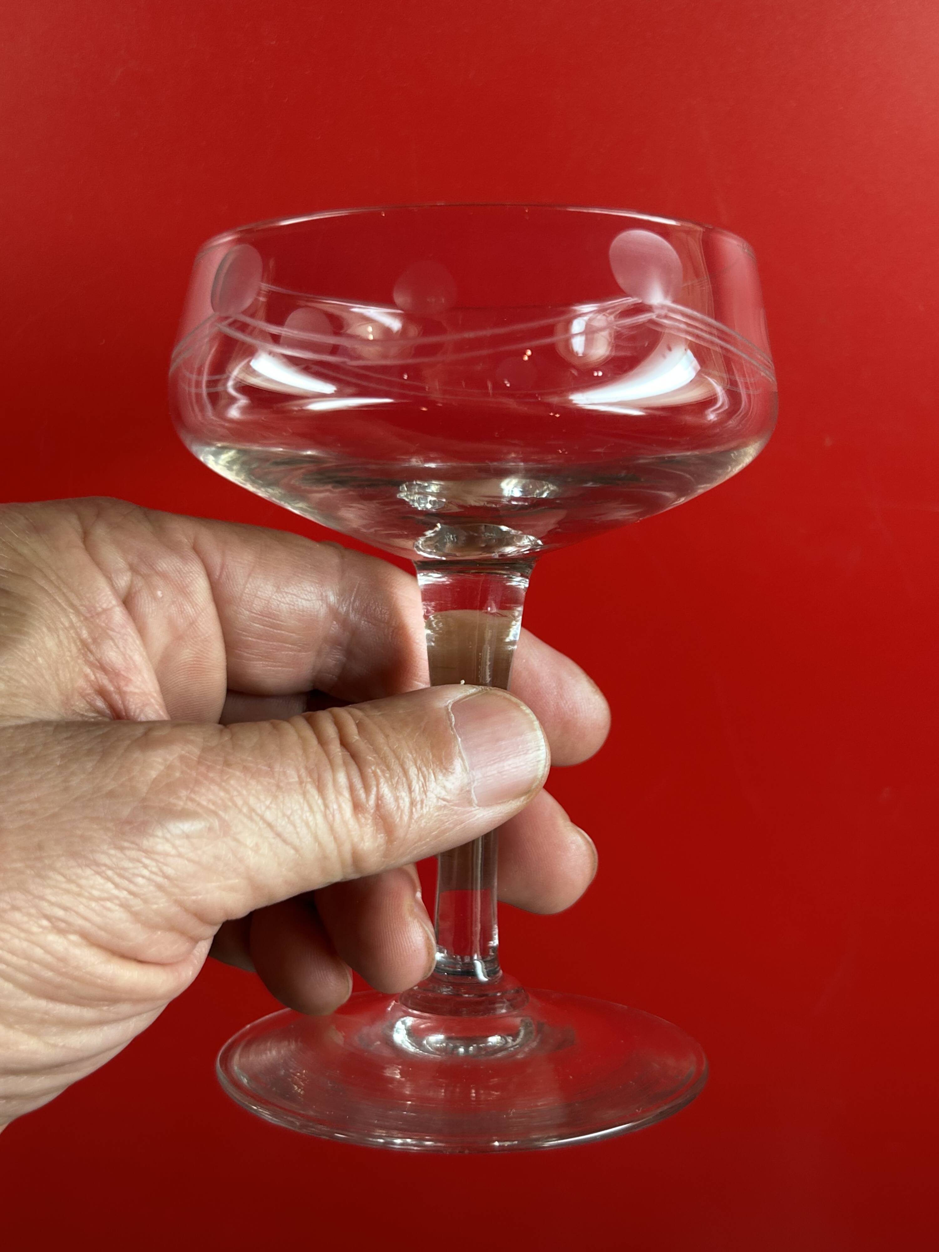 9 antique champagne glasses frosted engraved decor slender molded foot