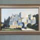 Peinture à l’huile de scène de rue de paysage urbain suédois vintage moderne du milieu du siècle « City Stroll », encadrée