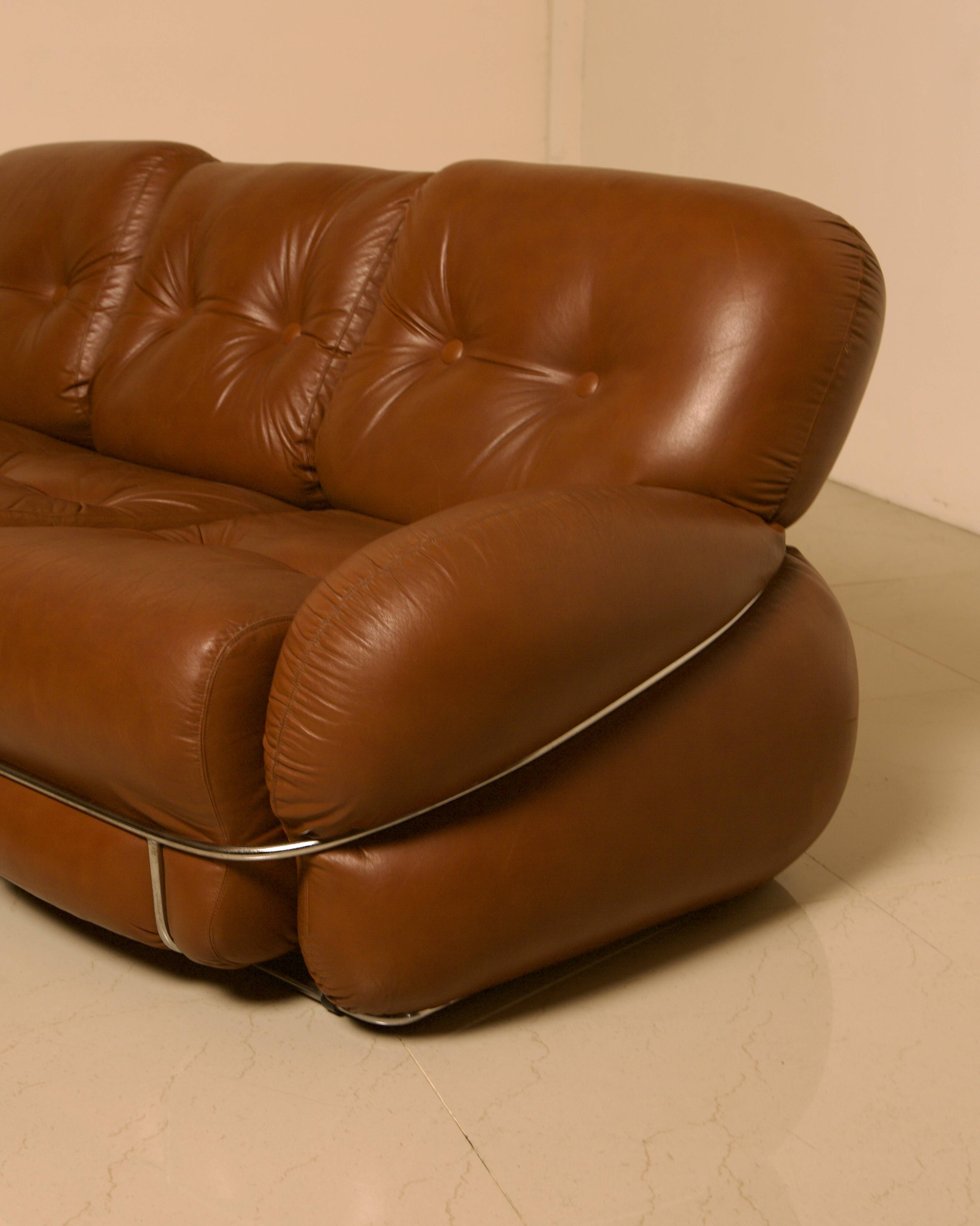 Italian brown leather "Okay" sofa by Adriano Piazzesi 70's
