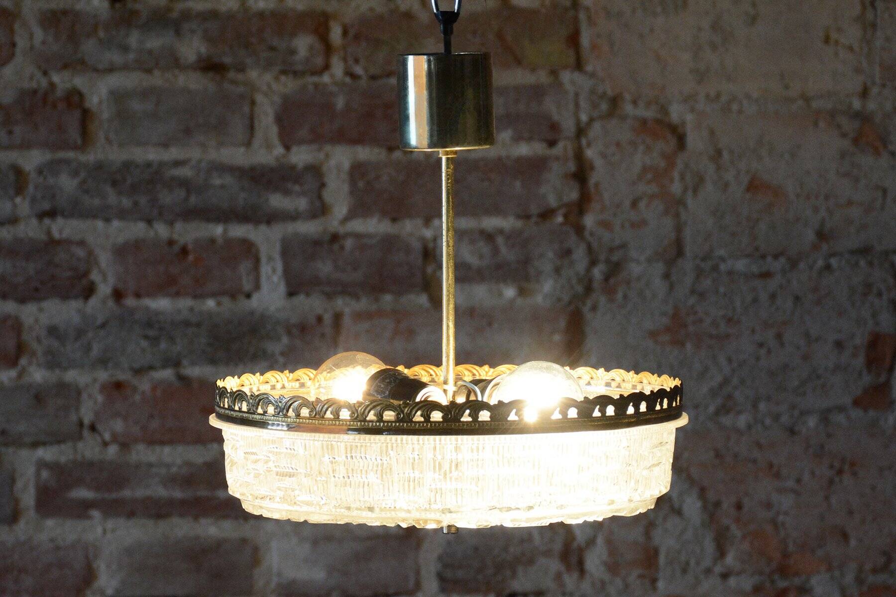 Mid-Century Chandelier in Glass and Brass attributed to Kamenický Šenov, Czech, 1960s