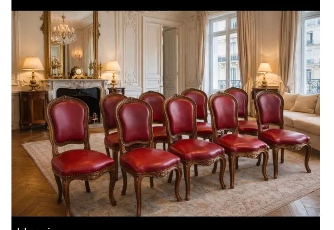 Set of Louis XV Cabriolet Chairs – Carved Wood & Bordeaux Leather