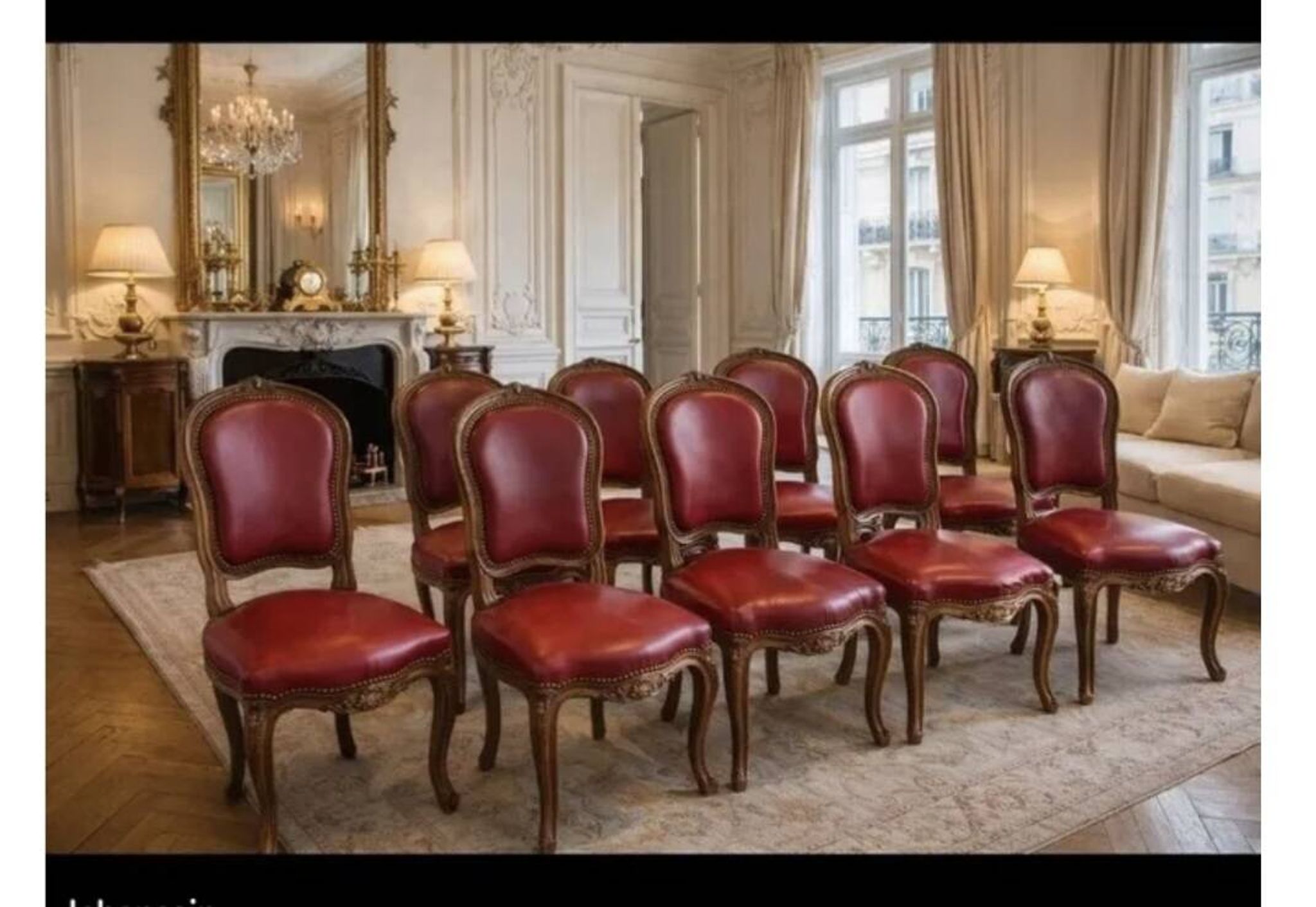 Set of Louis XV Cabriolet Chairs – Carved Wood & Bordeaux Leather