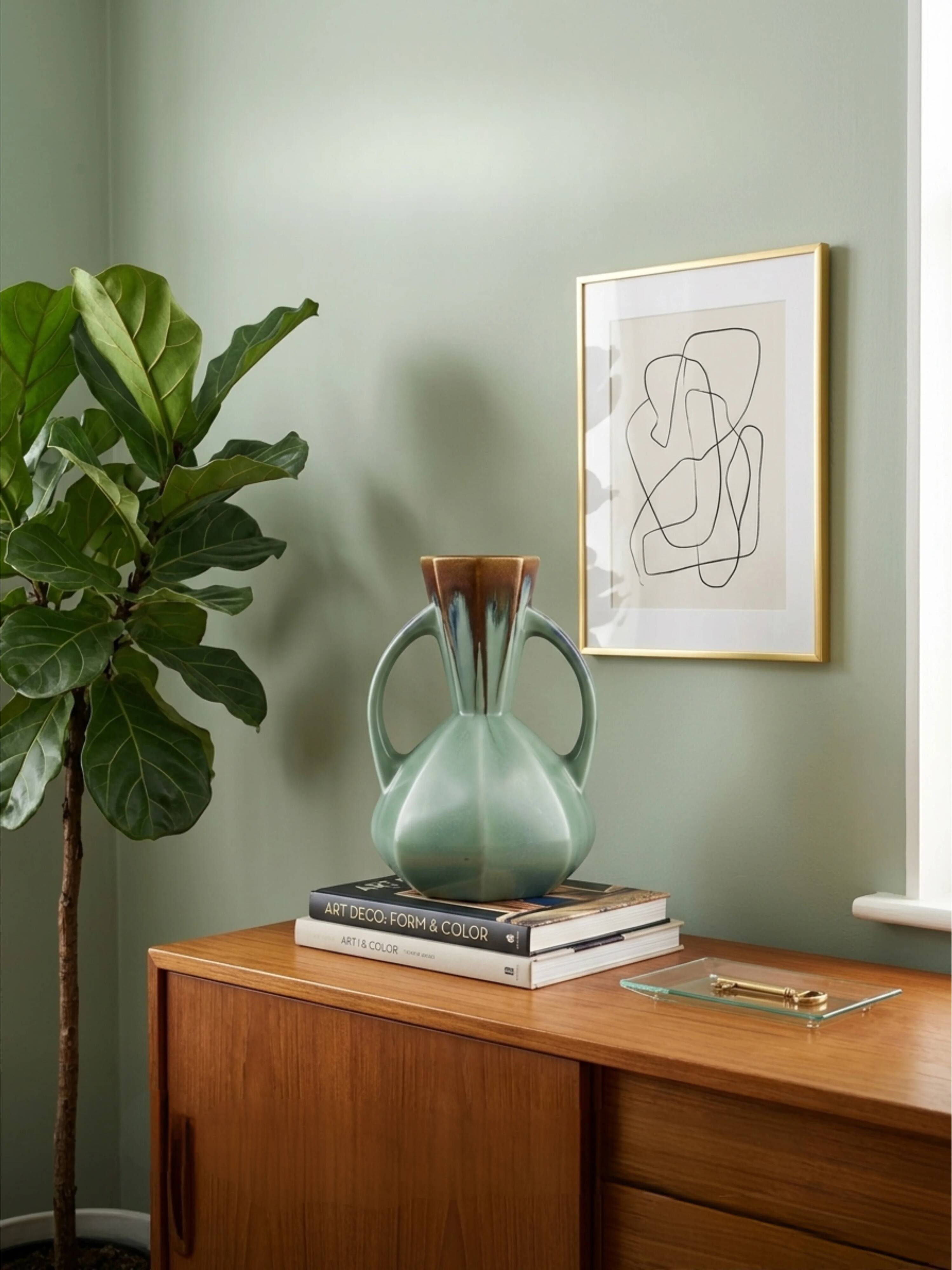 Art Deco vase – Bruyn pottery – green & brown poured glaze - 19cm