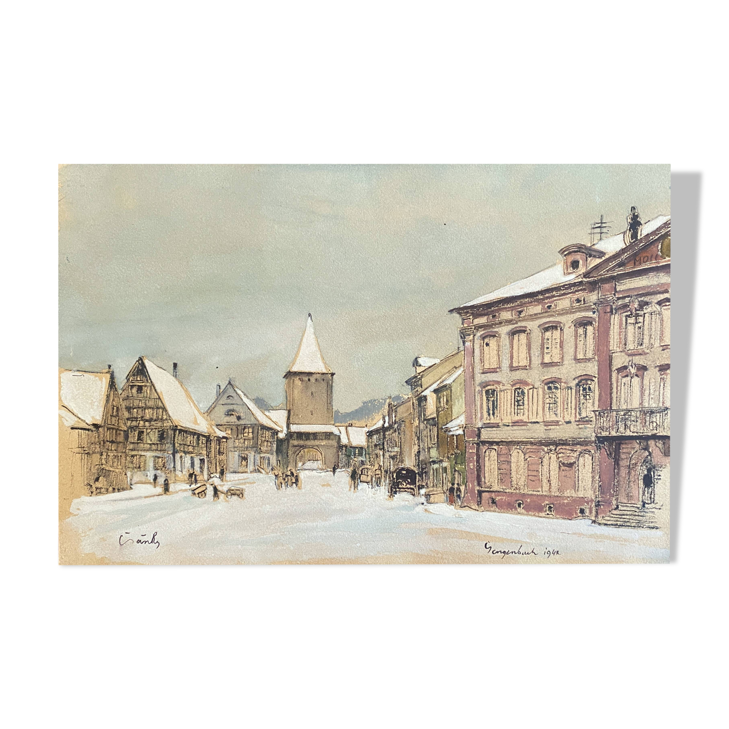 Watercolor painting "Gengenbach" in 1942 Germany signed Greinke (?)