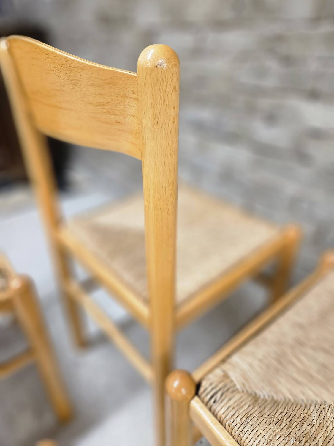 Set of 4 vintage pine and rush chairs