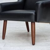 1970s, Danish highback armchair, black artificial leather, teak wood legs.