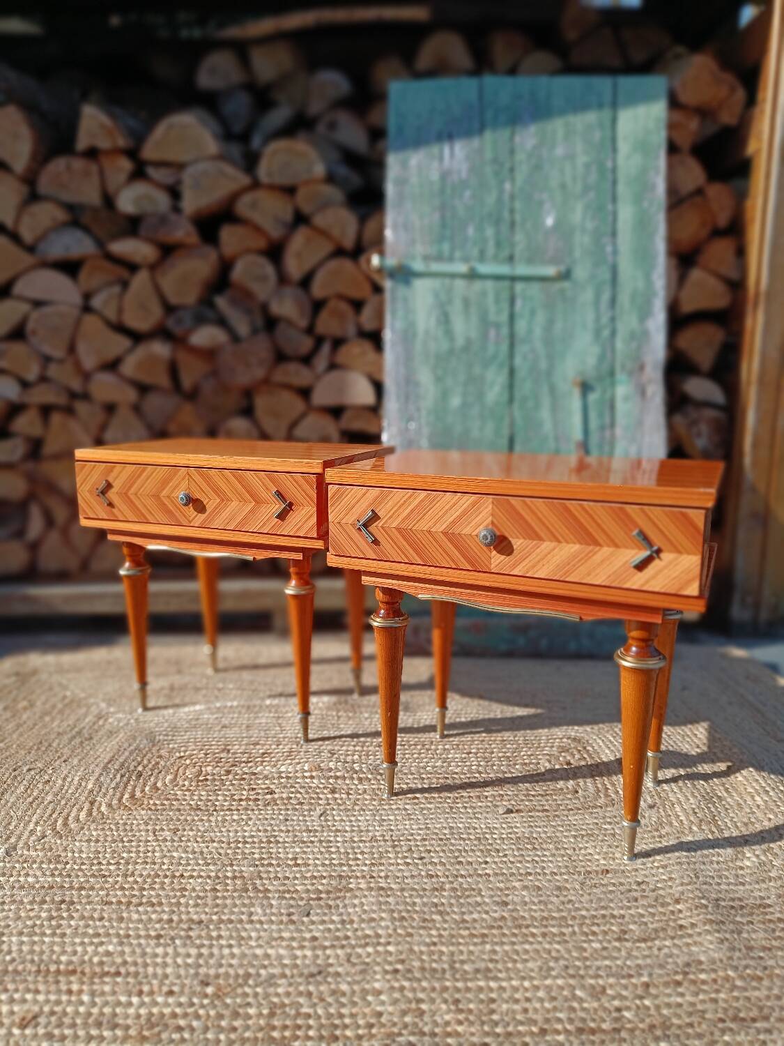 Pair of cherry wood marquetry bedside tables