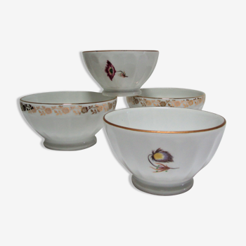 Four white porcelain rib bowls décor vintage flowers