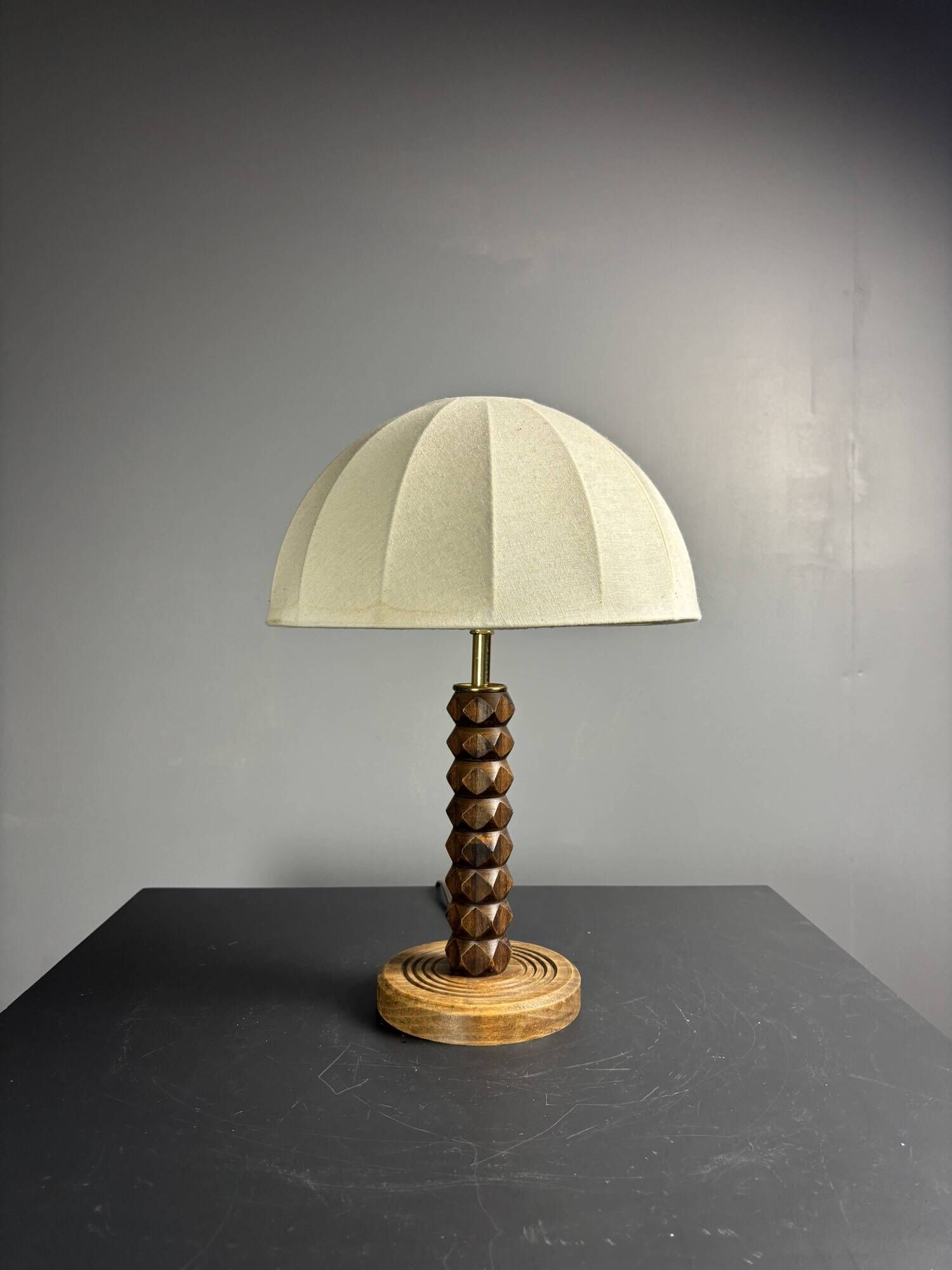 Midcentury brutalist wood turned mushroom table lamp, Charles Dudouyt style