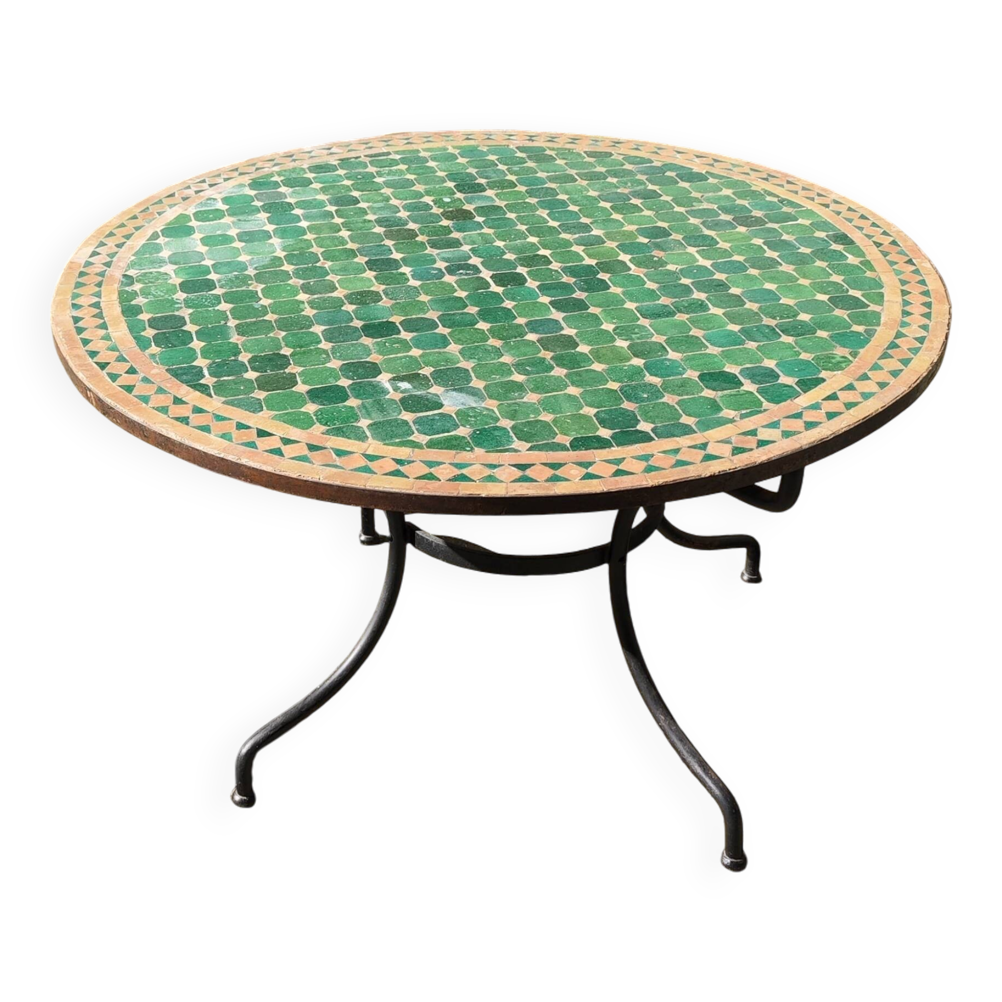 Round zellige table with metal legs and green tile top