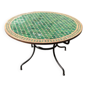 Round zellige table with metal legs and green tile top