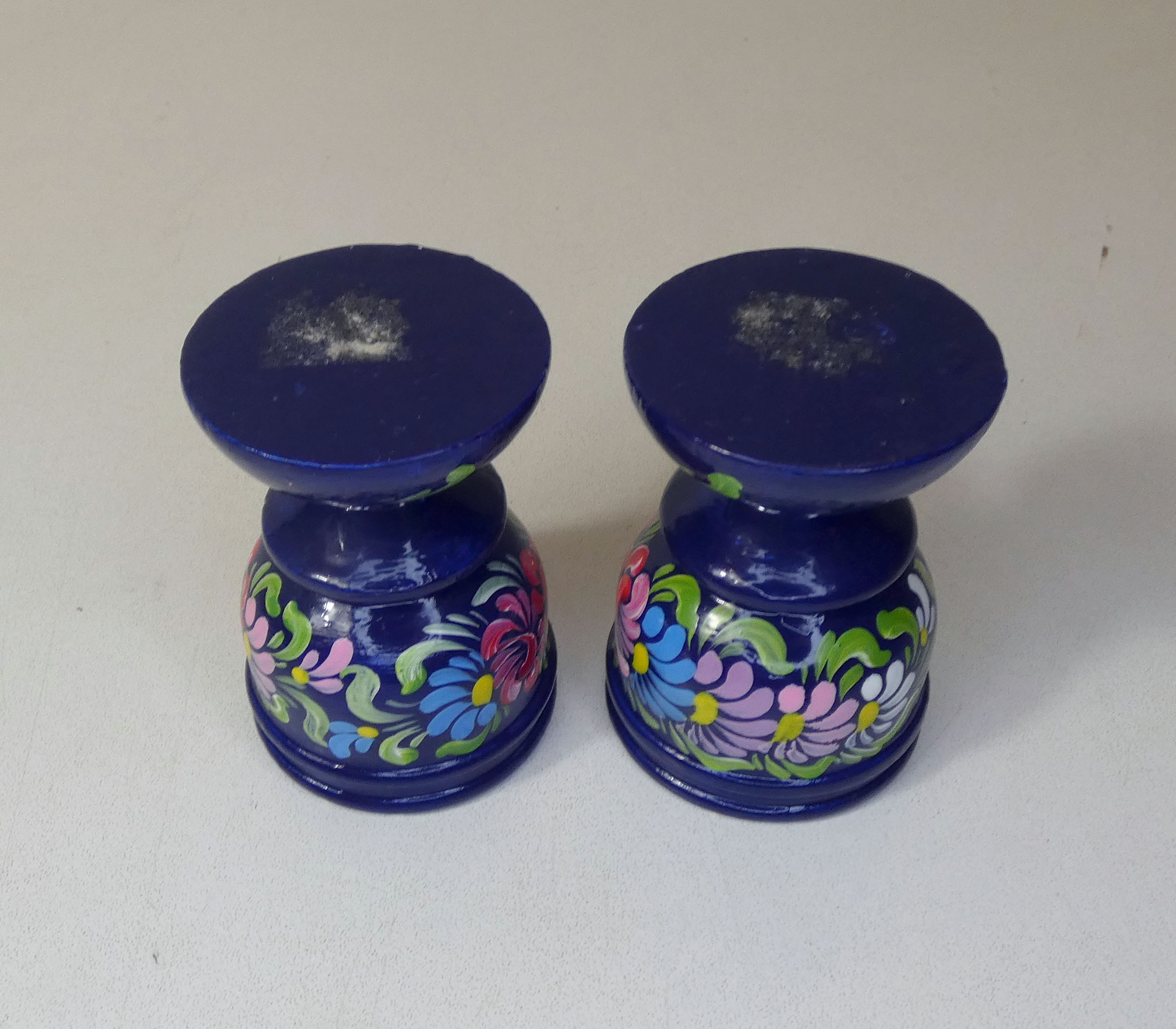 Pair of folk ethnic art coquetiers in vintage turned wood