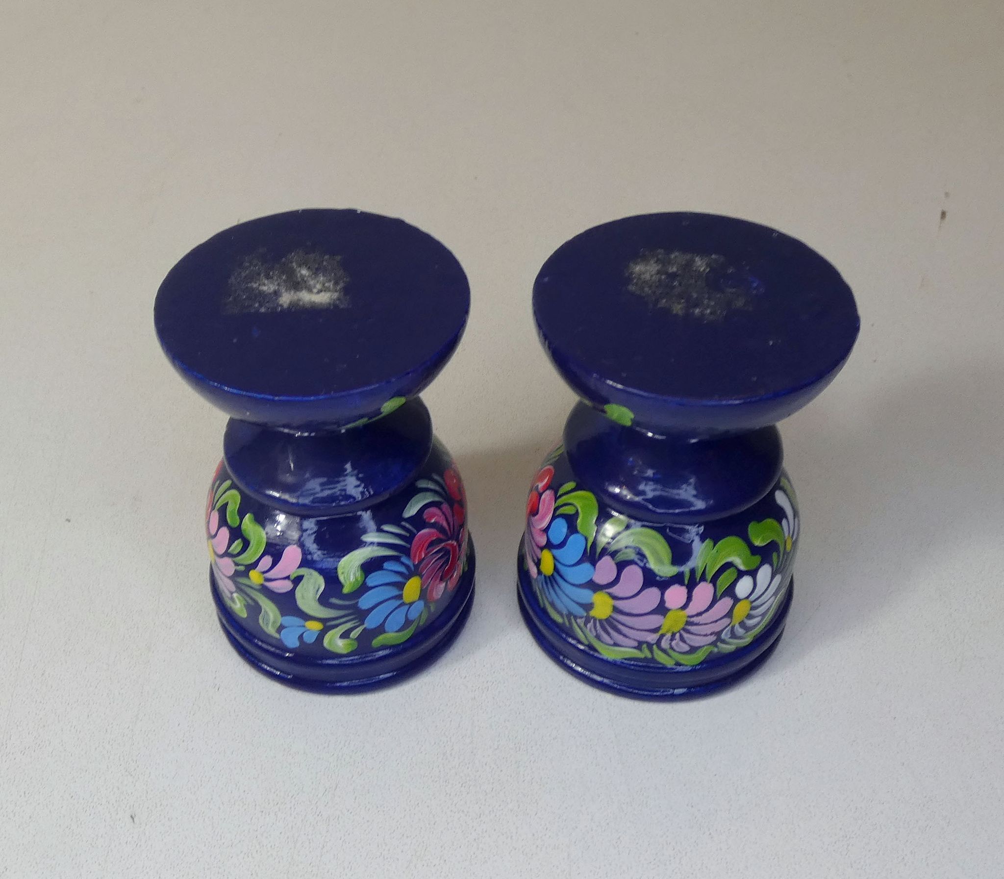 Pair of folk ethnic art coquetiers in vintage turned wood