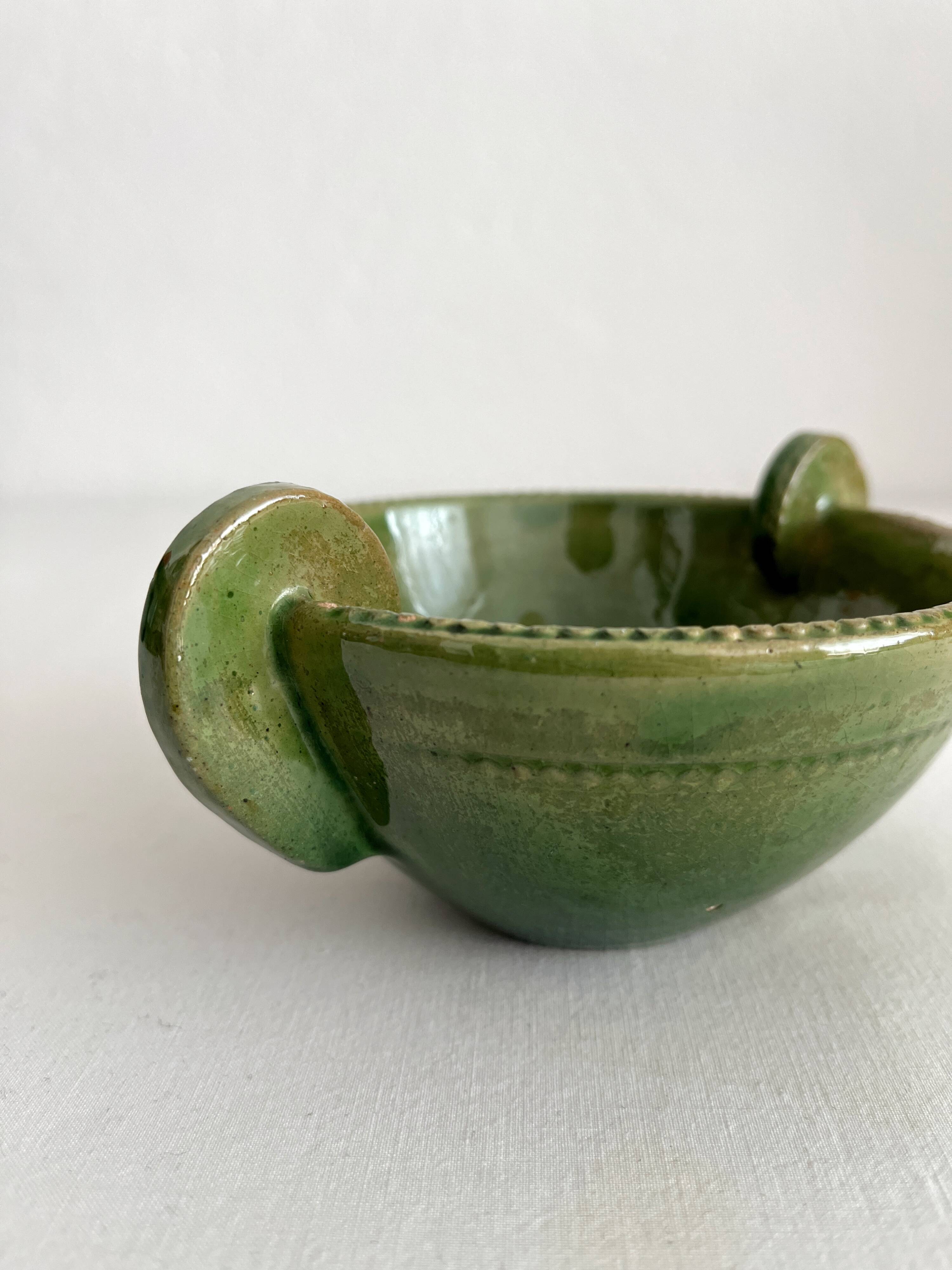 Antique green glazed ceramic bowl with handles, Tamegroute type