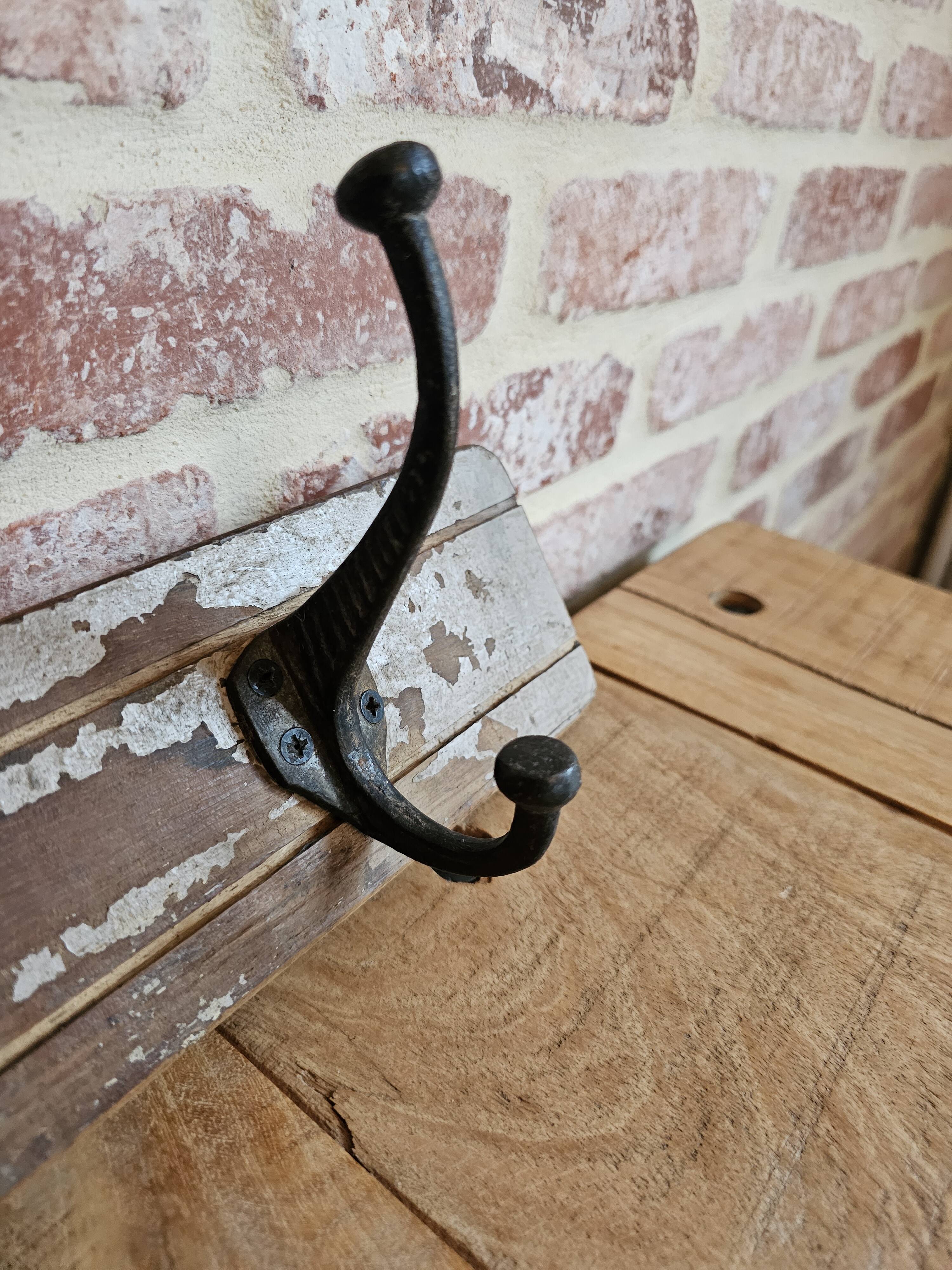 Solid teak coat hook with 4 double cast iron hooks