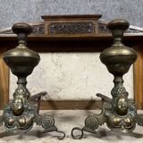 Pair of Louis XIV period andirons in gilded bronze circa 1700