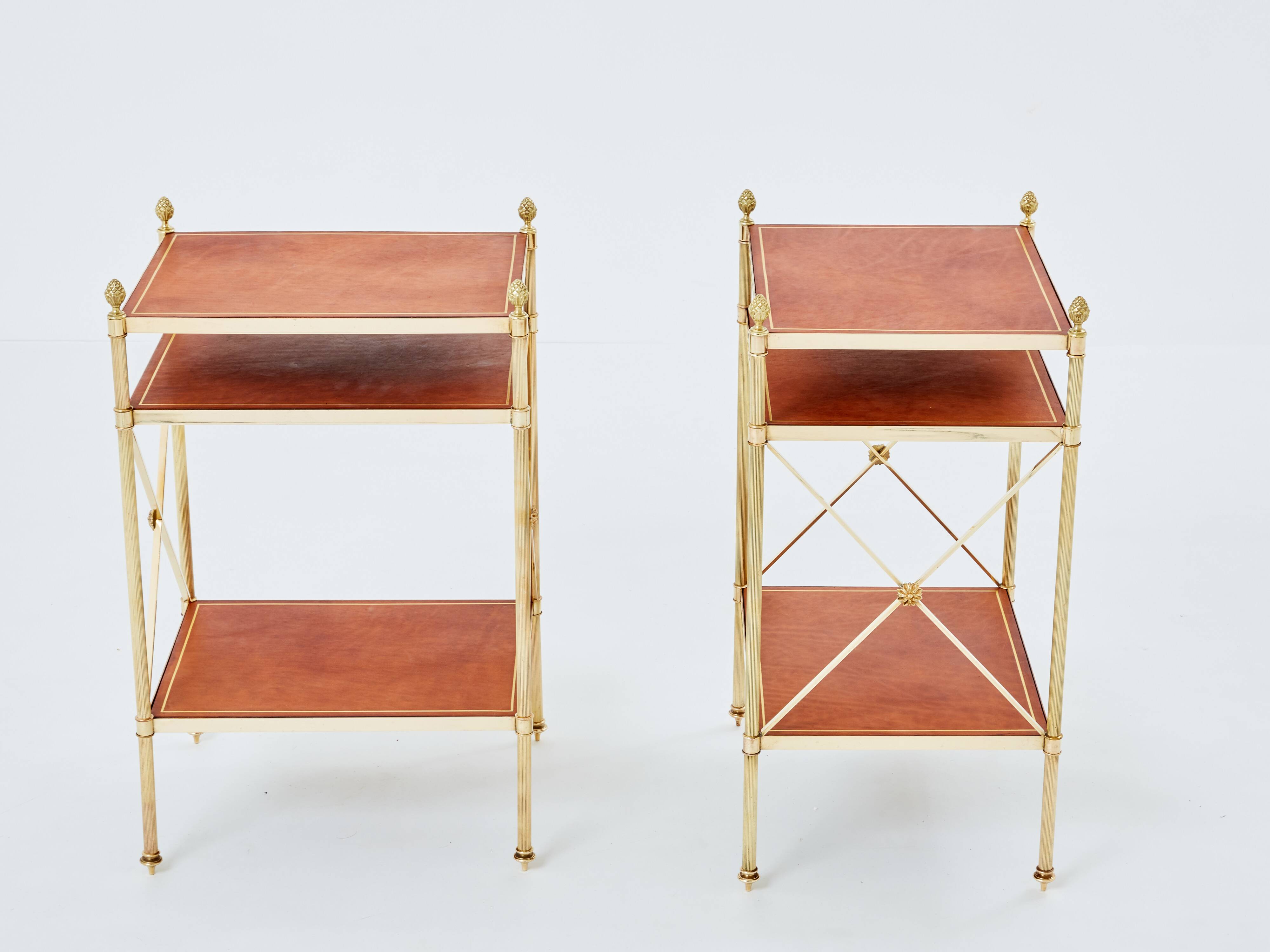Pair of neoclassical brass leather side tables style Maison Jansen 1970