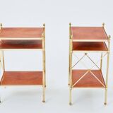 Pair of neoclassical brass leather side tables style Maison Jansen 1970