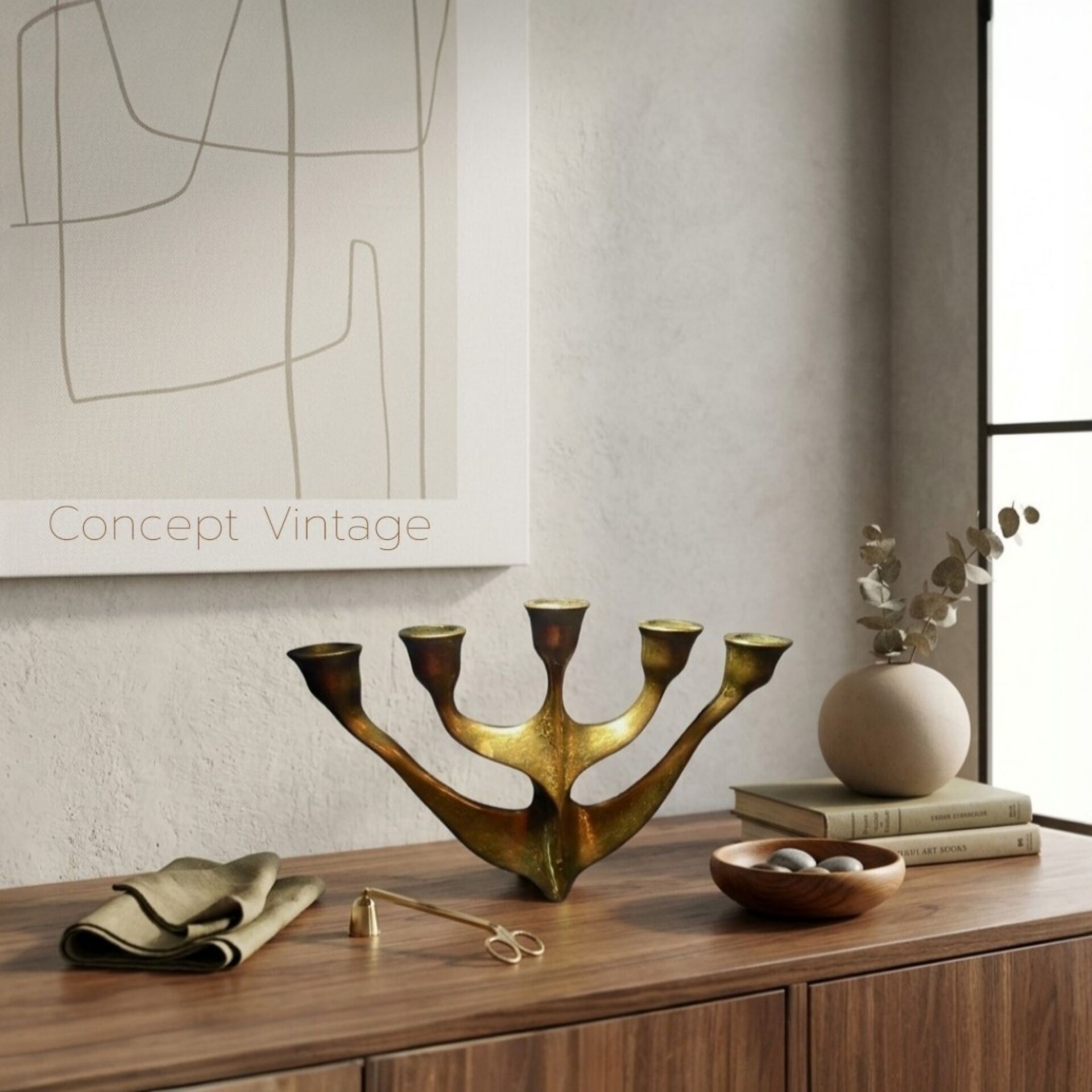 Modernist 5-branch candelabrum in solid brass – Circa 1960/70