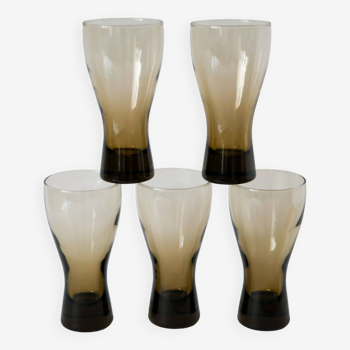 Set of 5 large Long Drink glasses in smoked glass Design, 1970