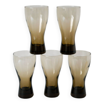 Lot de 5 grands verres Long Drink en verre fumé Design, 1970