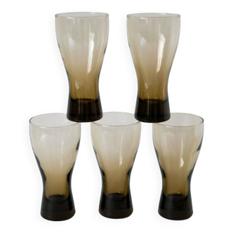Set of 5 large Long Drink glasses in smoked glass Design, 1970