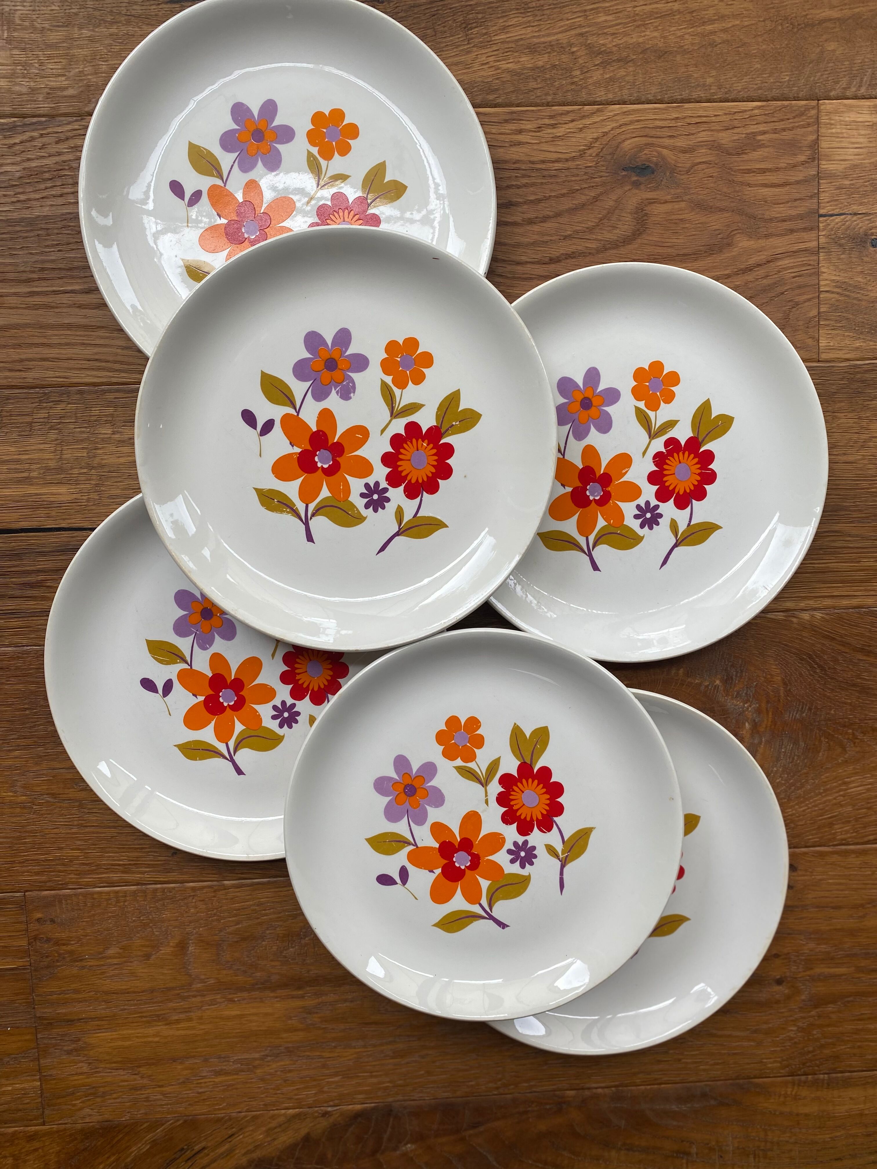 6 old flat plates in French earthenware Moulin des loups