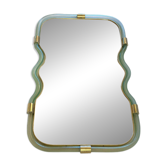 Contemporary Wave Mirror in Green and Gold "Torchon" Torciglione Murano Sty