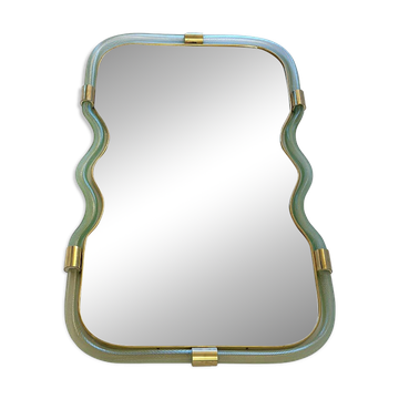 Contemporary Wave Mirror in Green and Gold "Torchon" Torciglione Murano Sty