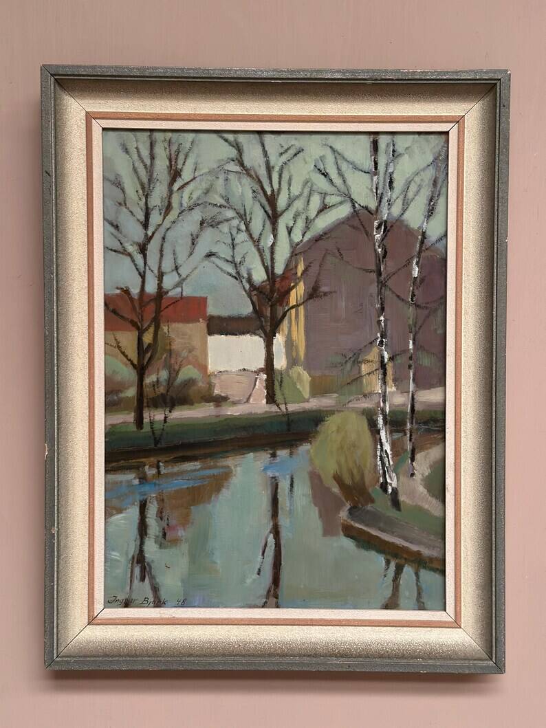 Original Swedish Oil on Canvas - "Landscape with Trees and Buildings" by Ingvar Björk - 1948 - Vintage - Framed - 62 × 48 cm (24.4" × 18.9")
