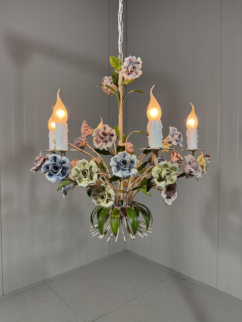 Italian tole chandelier porcelain flowers 1950’s