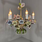 Italian tole chandelier porcelain flowers 1950’s