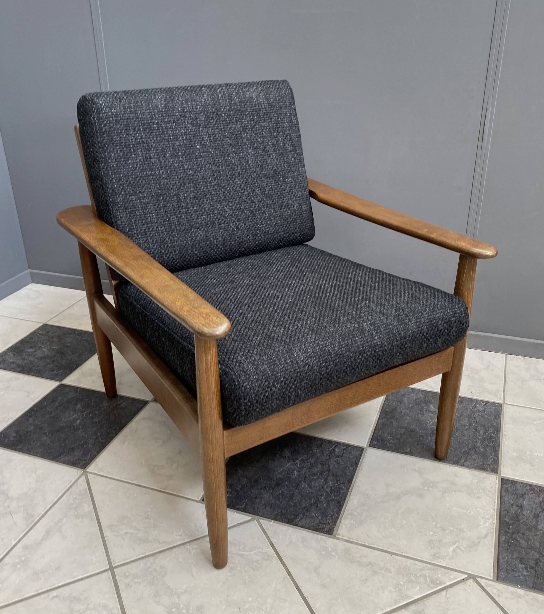 Black fabric relax chair, wiht wood frame 1960s