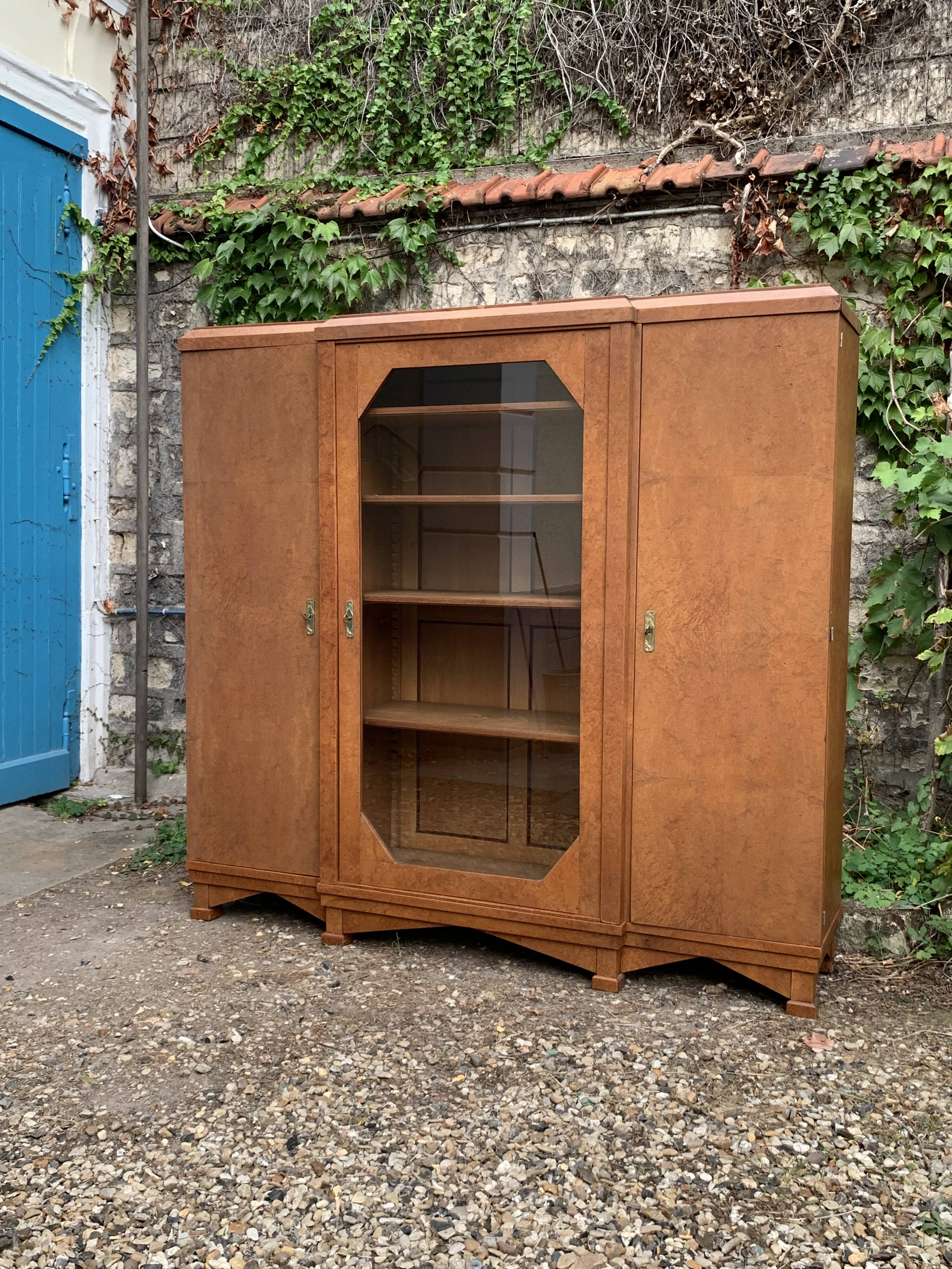 Art deco glass china cabinet in burr walnut 1930