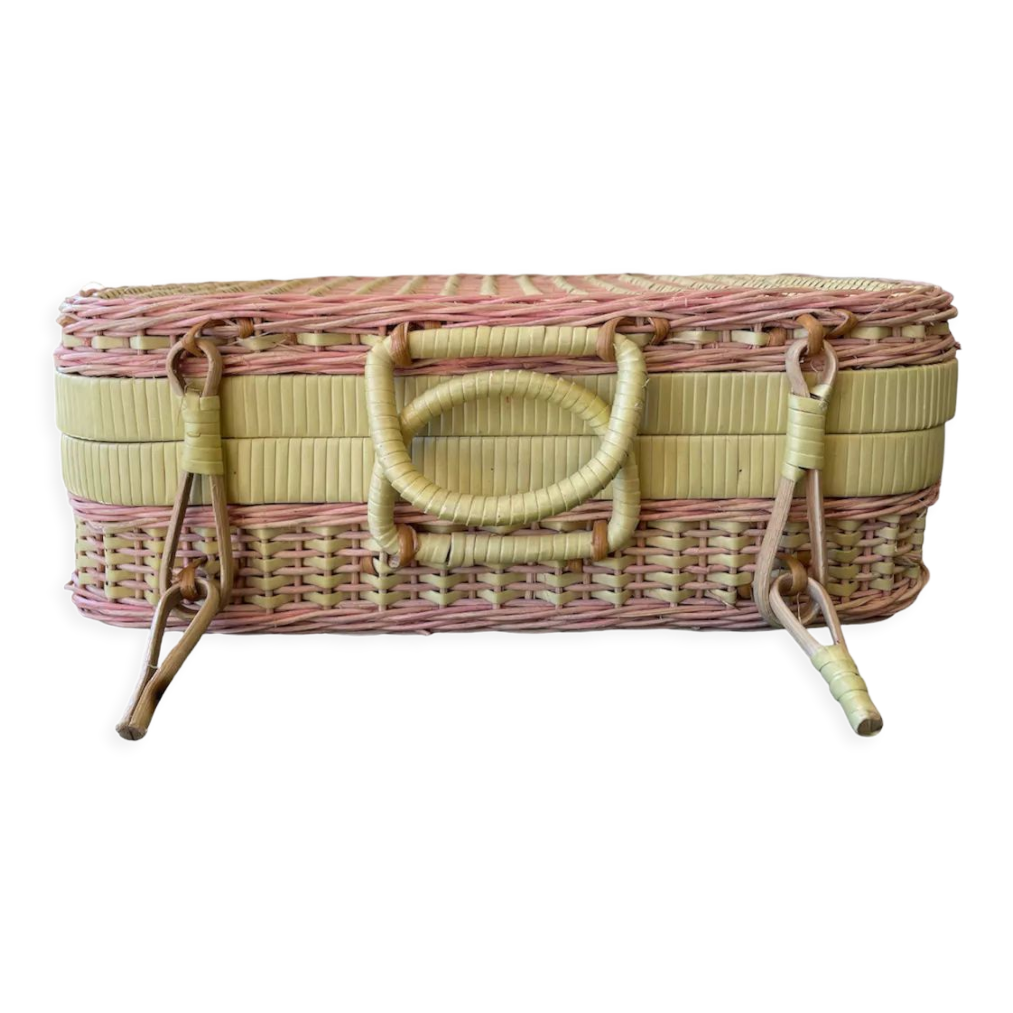 Vintage yellow and pink wicker suitcase 90s