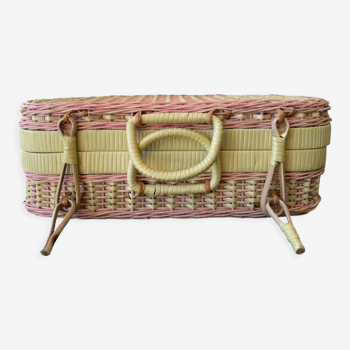Vintage yellow and pink wicker suitcase 90s