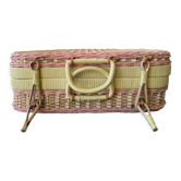 Vintage yellow and pink wicker suitcase 90s