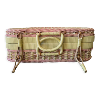 Vintage yellow and pink wicker suitcase 90s