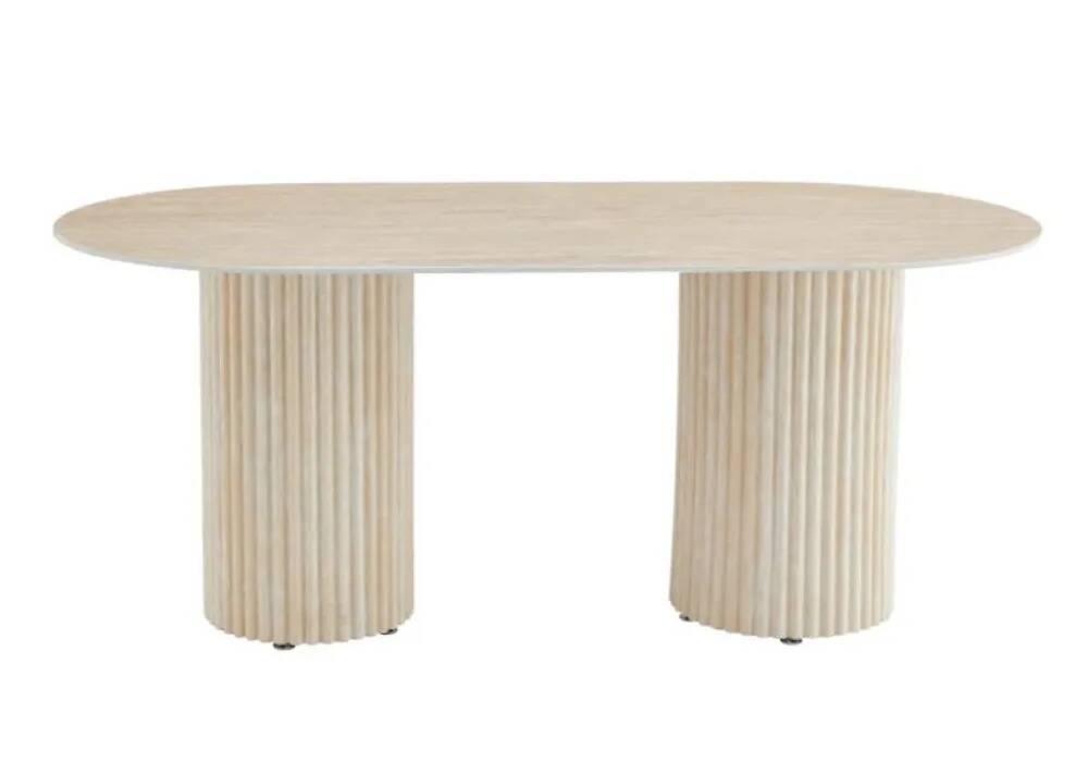 Elegant dining table in glossy travertine ceramic.