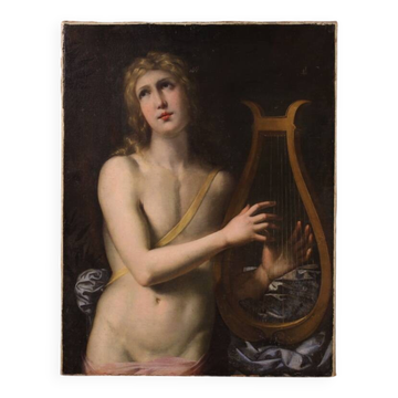 Antique 17th-century mythological painting, Apollo playing the lyre