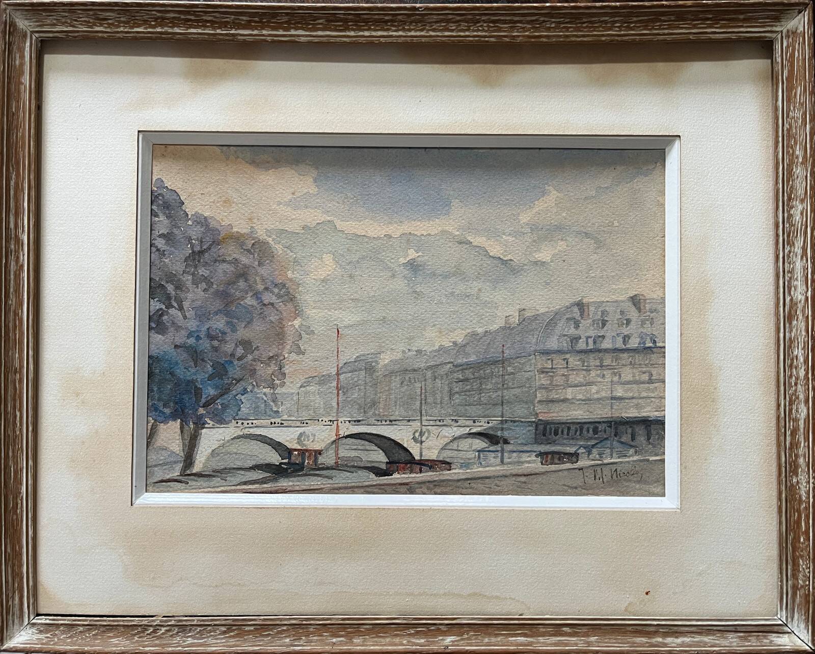 Watercolour painting early 20th century Paris Bridge Seine River signed J. M. Nicolle